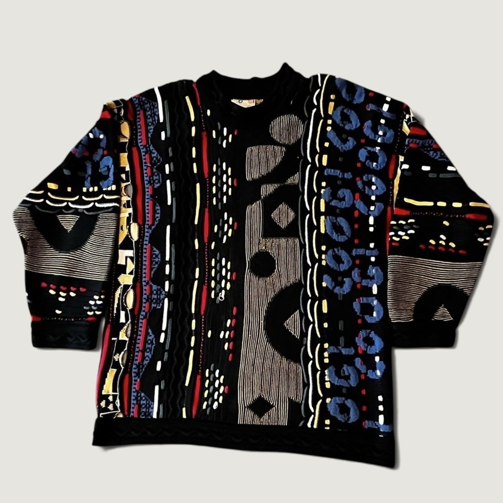 Coogi Australia Vintage 3D Knit Sweater XL Black Multi Color Mercerized Cotton